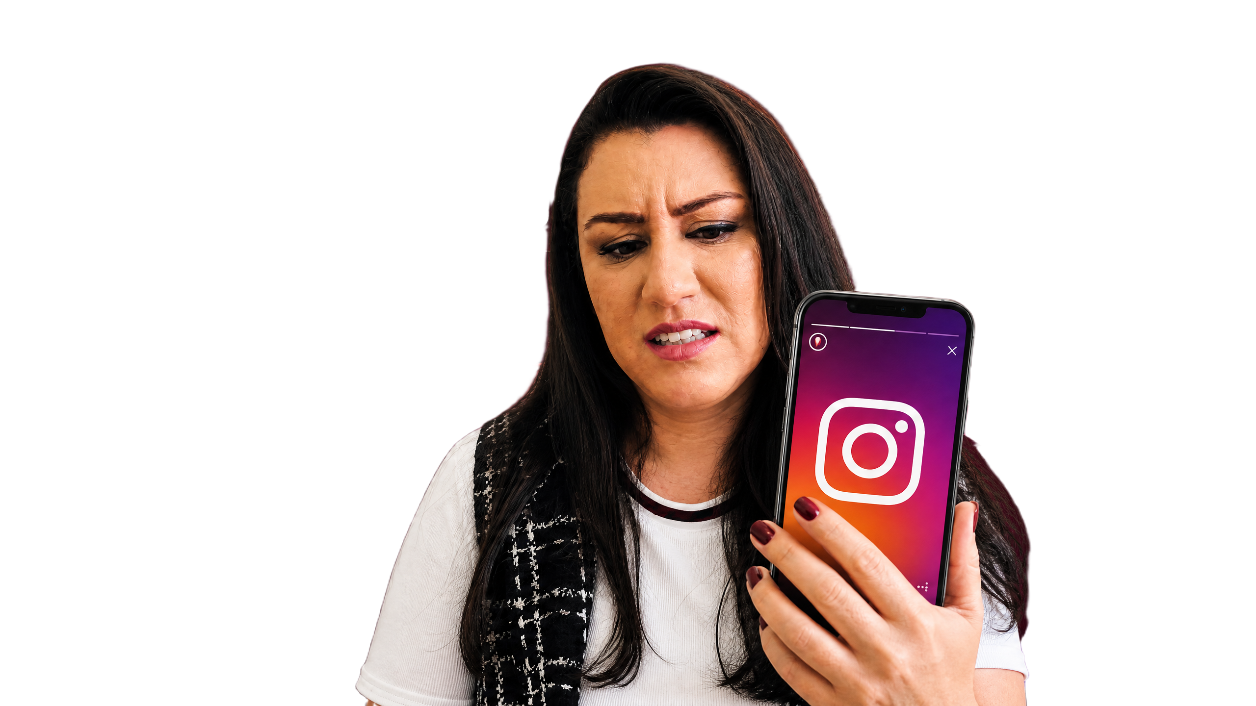 Mulher frustrada sem saber o que postar no Instagram
